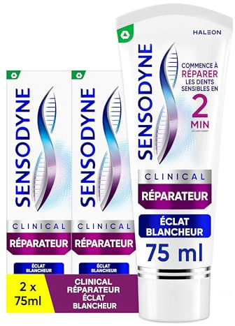 SENSODYNE Dentifrice Clinical Réparateur, Cliniquement Prouvé pour Soulager la Sensibilité Dentaire, Commence à Réparer Dès 2 Min, Eclat Blancheur, Menthe Poivrée & Eucalyptus, Lot de 2 x 75 ml