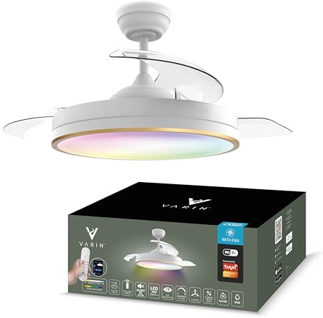Varin® Ventilateur Plafond avec Lumiere Intelligent, Ø 50 cm/108 cm | Blanc/ Or - Pales Rétractables, Tuya Wi-Fi, Ventilateur Plafond Silencieux 20 dB, LED 36W RGBW, Télécommande