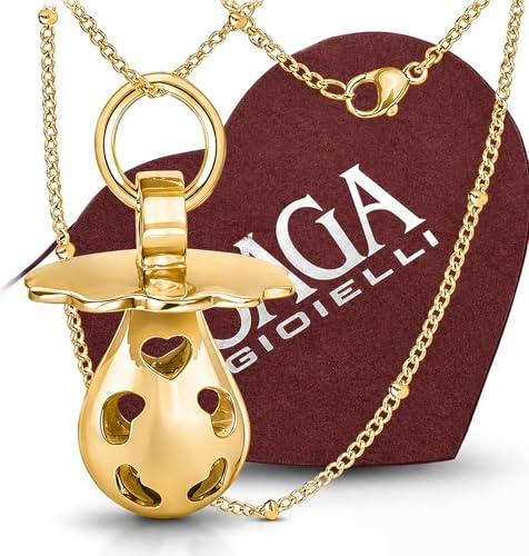 SAGA GIOIELLI® Collar de embarazo, bola de ángeles, collar largo de embarazo, tetina sonora dorada, caja de regalo, m, acero inoxidable, 0