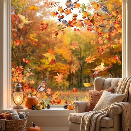 Fensterbilder Herbst Selbstklebend, Beidseitig Bedruckt Fensteraufkleber Herbstdeko mit Vögeln Ahornblättern Beeren, Statisch Haftend Wiederverwendbar Fenstersticker für Fenster Glas Spiegel