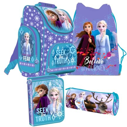 Frozen 2 II Eiskönigin 4 Teile Set SCHULRANZEN Ranzen Tornister Federmappe Federtasche mit Sticker-von-Kids4shop Schultasche Blau