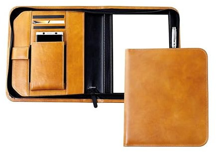 DELMON VARONE - Personalisierbare Tablet und Smartphone Schreibmappe DIN A5 aus Premium Vintage Anilin Leder braun, Business Konferenzmappe mit Notizblock, Stiftschlaufe, Steckfächer & Reißverschluss