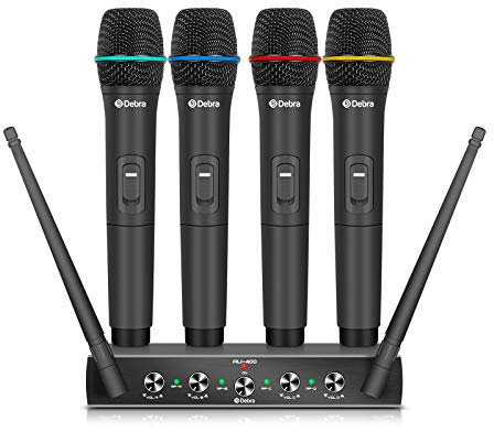 Debra Audio Pro Système Microphone sans Fil UHF 4 Canaux avec Microphone à Main sans Fil, Récepteur Métallique, Idéal pour Karaoké et Fêtes d'Église (Fréquence A)