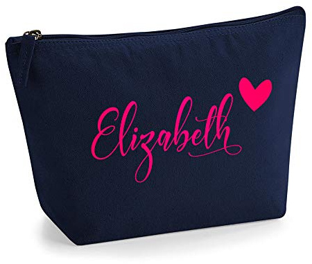 Personalisiert Name Initialen im Herz Design Kosmetiktasche Damen Schminktasche für Handtasche Makeup Tasche mit Texturdruck - Neonrosa Flocke - L | Marine Blau