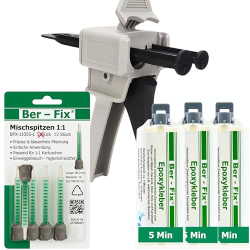 Ber-Fix 2K Epoxidkleber 5 Min 3x50g + 13 Mischdüsen + Pistole starre Epoxid | 2K Epoxidkleber 5 Min 3x50g + 13 Mischdüsen + Pistole starre Epoxid: 2K Epoxidkleber für starre