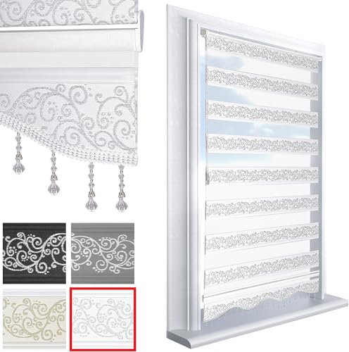 Brillant Doppelrollo Klemmfix ohne Bohren Weiß Silber 200 x 110 cm (Länge x Breite) Duorollo Blickdicht mit Perlen, glitzert, Raffrollo Fenster Tür Zebra Perde Klemmrollo Seitenzugrollo