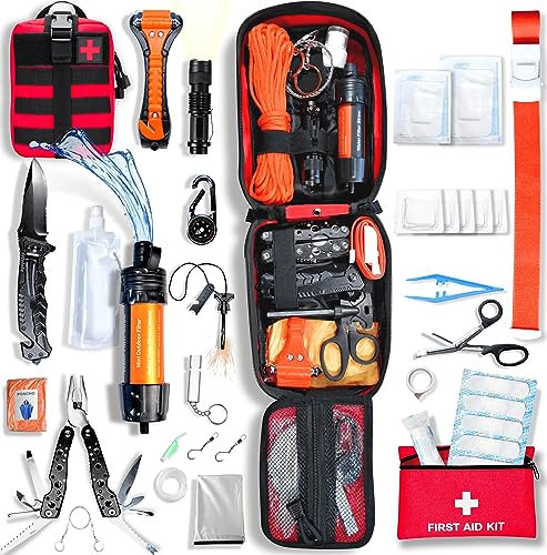 WONCROW ® Kit de Survie Complète + Trousse de Secours + Paille Filtrante + Sac + Pierre Allume Feu Couverture Pince Multifonction Outils Accessoire Militaire Boite Gadget Premiers Soins Pêche