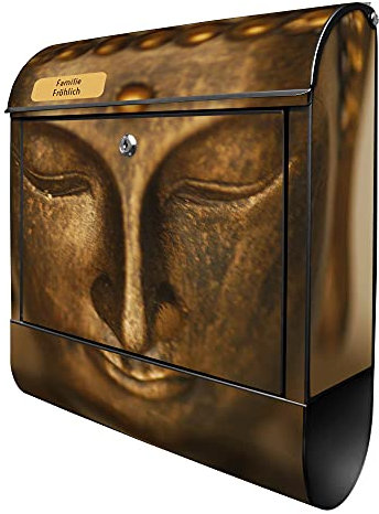 banjado® Design Briefkasten personalisiert Buddha Gold 38,5x46,5x13cm & 2 Schlüssel - Briefkasten Stahl schwarz Zeitungsfach pulverbeschichtet - Postkasten A4 Einwurf inkl. Montagematerial