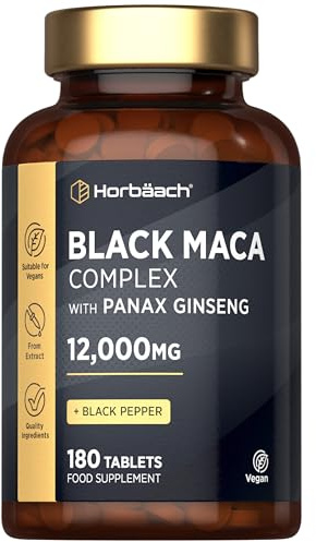 Black Maca Root 12,000mg (High Strength) | Complex with Black Maca, Panax Ginseng, Yellow Maca & Black Pepper | 180 Vegan Tablets | by Horbaach