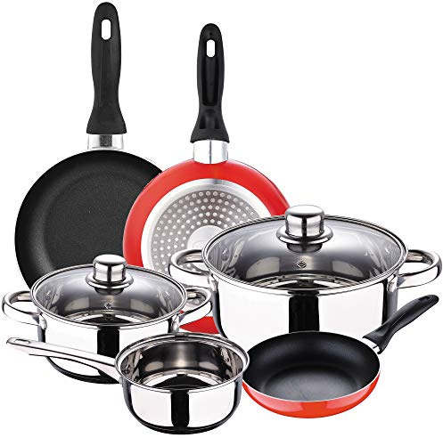 San Ignacio Batería 5 piezas Cassel y Set 3 sartenes Ø16/Ø20/Ø24 cms rojo, aluminio prensado, antiadherente, inducción