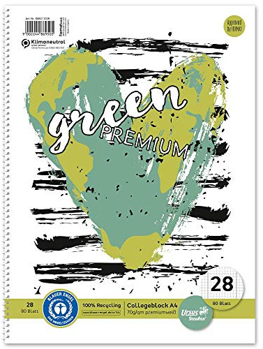 Staufen 608511028 - Staufen Green Collegeblock, DIN A4, Deckblatt mit 2 Motiven, Lineatur 28 (5 mm kariert mit Randlinien), 80 Blatt, 4-fach Lochung, premiumweißes 70g/m² Recyclingpapier, 1 Stück