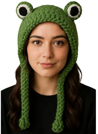 Chapeau de grenouille mignon Bandeau animal avec yeux 3D – Chapeau de grenouille tricoté en laine verte pour adolescents, enfants et adultes – Restez au chaud et mignon – Pour femmes et filles