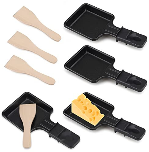 Pfännchen Mini 4 Stücke Antihaftbeschichtet Grill Pfännchen Viereckig Mini Raclette Grill mit 4 Holzschaufel für Universal Elektrogrill Käse Eier(Quadrat)