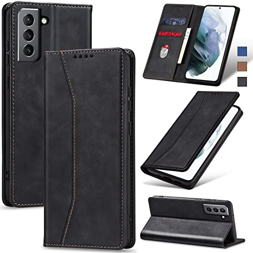Jasonyu Skal för Samsung Galaxy S21, Premium Läder Vikbart Skyddande Fodral [Hölster, Magnetisk, kortfack, stativfunktion] Wallet Leather Case Cover för Samsung Galaxy S21 (Svart)