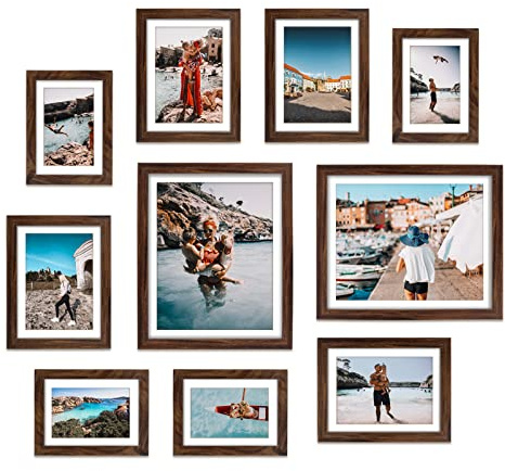 Giftgarden Brown Photo Frames with Mat for Multiple Sizes Photos, Four 4x6, Four 5x7, Two 8x10, Assorted Gallery Frame Collage for Wall or Tabletop, Set of 10