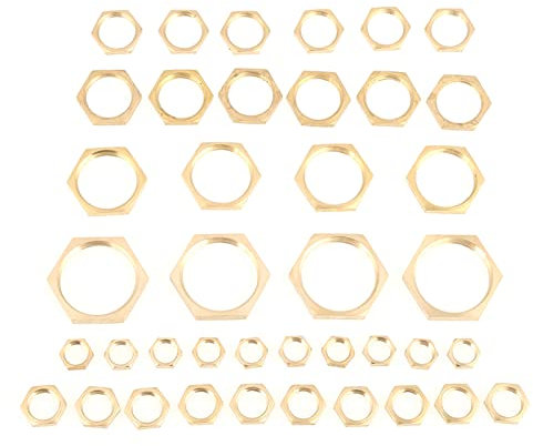 Tomotato 40 Stück Messing Sechskantmuttern, G1/8 G1/4 G3/8 G1/2 G3/4 G1 Gewinde Rohrverschraubung Messing Sechskantmuttern Dünne Mutter Messing Kontermuttern Sortiment
