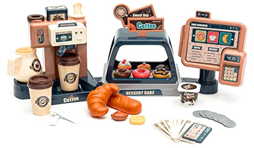 Pretend Role Play Toy Coffee Shop Age 3+ for Boys and Girls with Coffee Maker Machine and Fake Donuts 41Pcs,Play Kitchen Accessories for Girls and Boys