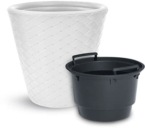 Prime Garden® BambooPot Bambu blomkruka, kruka, planteringskruka av plast med insats för huset, trädgården, terrassen, veranda – rund, väderbeständig, frostbeständig – Ø 35 x 32 cm (vit)