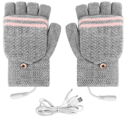 USB Heated Gloves, Heating Mittens Hand Warmers for Women, Winter Electric Warming Gloves Knitted Heating Hands Full & Half Fingerless Washable, for Laptop Gaming Typing Office (Grey)