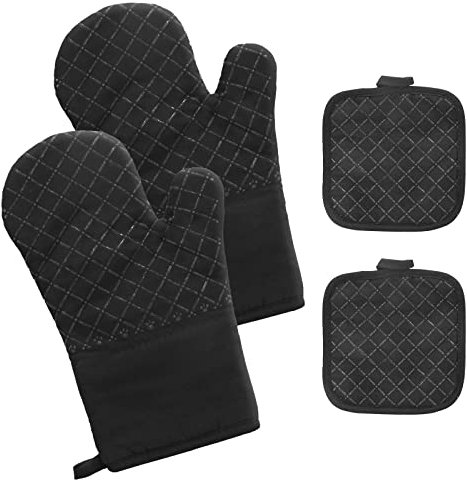 Guanti da forno da cucina in cotone: 2 guanti antiscivolo da cucina e 2 set di tovagliette - guanti da forno design antiscivolo in silicone per cucinare forno a microonde nero