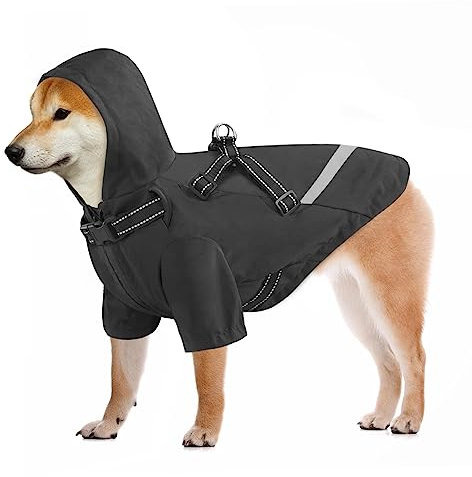 Dolahovy Hunderegenmantel mit Geschirr,Hundeponchos Wasserdichter Hundemantel Leichter Hunde Regenanzug Verstellbare reflektierende Haustier Regenbekleidung mit Kapuze