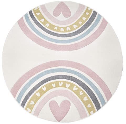 TT Home Kinderzimmerteppich Junge Mädchen Kinderteppich 3D Optik Herz Regenbogen, Farbe: Pink Creme, Größe:160 cm Rund