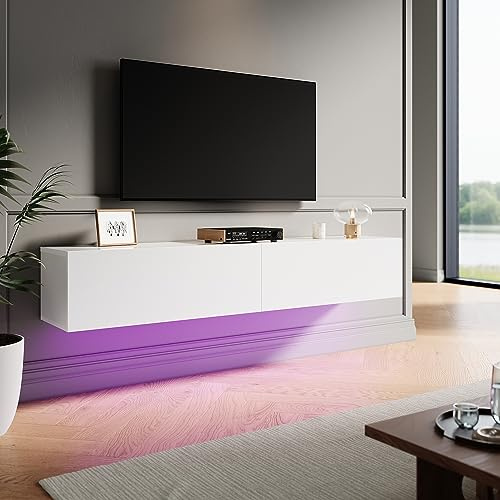 ELEGANT LED Lighting Floating TV Unit Cabinet 1400x270x240mm | Pull-down Wall Mounted TV Shelf, Entertainment Center for Living Room, Gloss White, Floor-standing Available
