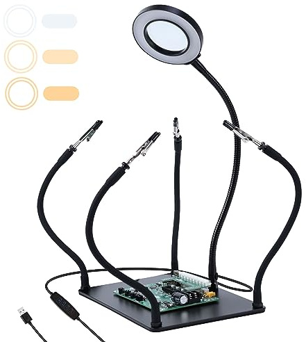 Yofuly Helping Hands Soldering Station Third Hands Solder Tools 3X LED Magnifying Glass with Light Stand 4 Flexible Helping Arms Solder Holder for Electronic Repair Welding Jewelry Crafts DIY