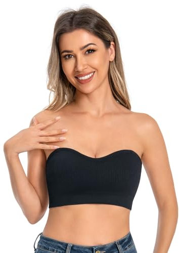 ANGOOL Bandeau Bra Women Padded Strapless Seamless Bra Tube Tops Invisible Bralettes with Convertible Straps,Black,M