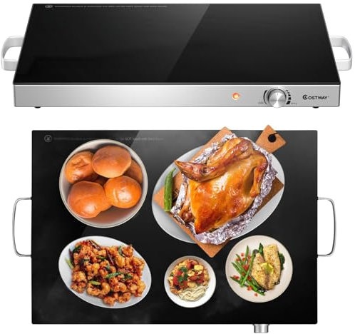 COSTWAY Large Food Warming Tray, Adjustable Temperature Electric Buffet Server Food Warmer with Cool-Touch Handle & Non-Slip Feet, Stainless Steel Dish Hot Plate for Table Countertop (64x38x6.5cm)