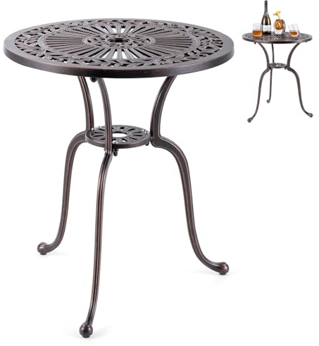 GiantexUK 61cm/79cm Round Garden Table, Cast Aluminum Patio Bistro Table with Umbrella Hole & Adjustable Foot Pads, Outdoor Dining Table for Backyard Deck (3 Legs, 61 x 71cm)