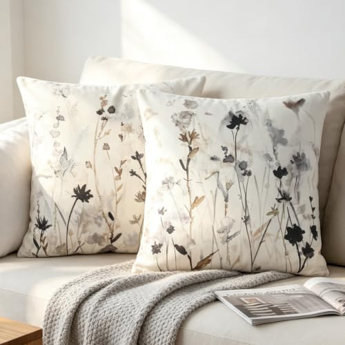 NIULAA 2 Pack Velvet Cushion Covers 45x45cm Floral Watercolor Print | Double Sided Soft Pillow Cases 18x18 with a zip,Modern Neutral Coloured for Sofa Bed Home Décor,Machine Washable