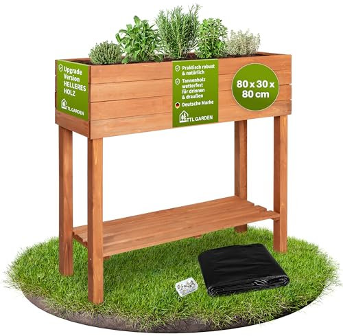 TTL GARDEN Fioriera rialzata da balcone, misura S, 80 x 30 x 80 cm, in legno, con ripiano e pellicola, in legno di abete resistente alle intemperie, aiuola per piante, aiuola per giardino, balcone,