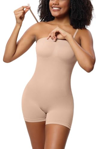 SHEKINI Kroppsformare för kvinnor, axelbandslös bodysuit med ben, formande bodysuit, stark formande bandeau topp med avtagbara remmar, sömlös figurformande kroppsformande kropp, Beige, XXL
