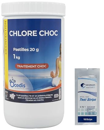 OCEDIS Chlore Choc Pastilles 20g - 1kg | Chlore Choc Stabilisé - Désinfection Choc - Dissolution Rapide + 10 Tests HPS OFFERTS 6 en 1