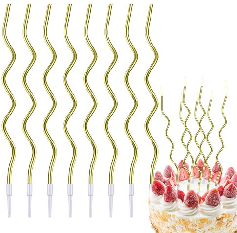 Decoraparty 8 velas doradas onduladas – para cumpleaños, aniversarios, fiestas, fiestas temáticas – Velas elegantes doradas delgadas de cera en espiral torcidas con soportes para decoración de tartas,