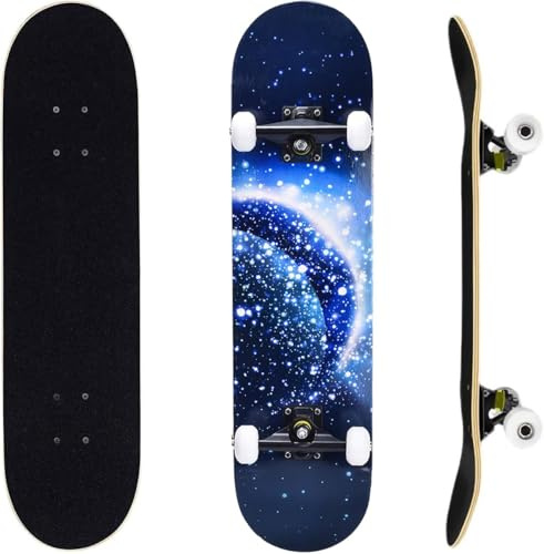ERNAN Komplett skateboard för nybörjare, 81 x 20 cm dubbel sparkskateboard för barn, tonåringar och vuxna. med Skate T-verktyg. (Blå måne)