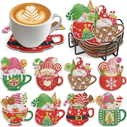 YOMOVER Weihnachtstag Diamant Painting Untersetzer - 8 Stück DIY 5D Gnoems Diamant Kunst Weihnachten Diamond Painting Geschenk Kinder Getränke