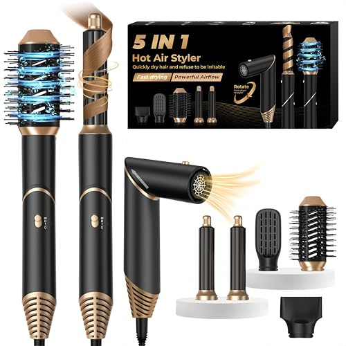 Airstyler 5 in 1 Hairstyler Haarstyler Ionen Föhn Luft Lockenstab Magic Styler Warmluftbürste Föhnbürste Lockenstab Rundbürstenföhn Lockenbürste Haartrockner Stylingbürsten, Schwarz/Gold