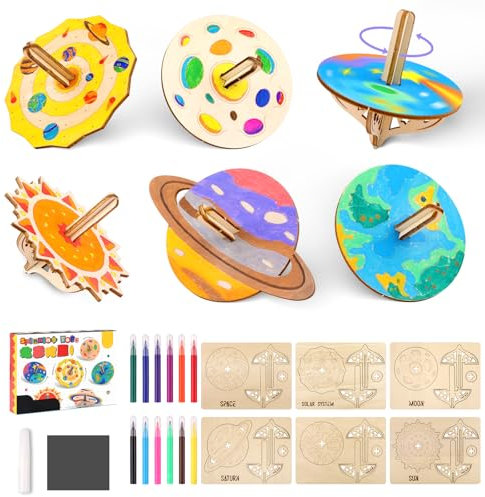 Holzkreisel Bausatz Kinder, 19 Stück Holz Bastelset Kinder, Planeten Kreisel zum Bemale, Holz-Gyroskope Basteln mit Farbige Stifte, Basteln Holzbastelset für DIY Dekoration
