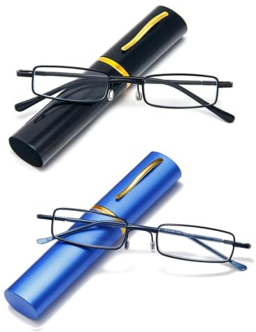 Hubeye 2 Paar Tragbare Lesebrille Damen und Herren Ultraleichtem Kompakt Lesehilfe aus Metallrahmen Schmal Metallbrille mit Brillenetui 1.50