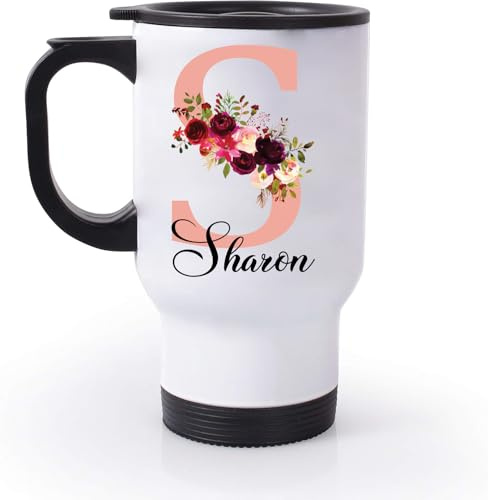 EKAM Personalised Travel Mug - Customise with Initial and Name, 14oz Stainless Steel Insulated Travel Tea/Coffee Mug, Gift for Valentine’s Day, Birthday, Christmas Day for Mom, Dad, Kids (Rose Gold)