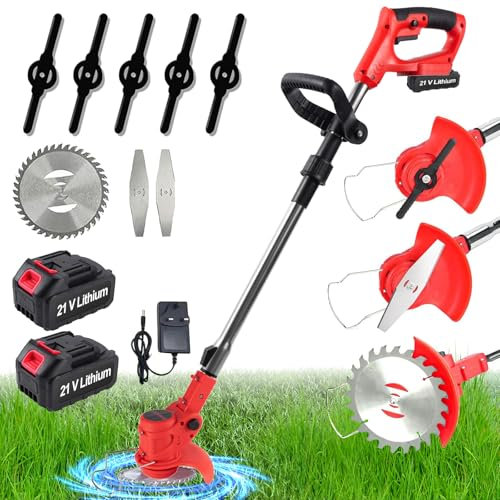 Desbrozadora electrica 650W, Desbrozadora Batería 21V, Cortabordes electrico Batería Brushless 3 en 1 con 2 baterías y 3 tipos de cuchillas, plegable retráctil, cabeza giratoria 90 °para jardín podado