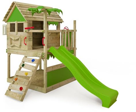 FATMOOSE Spielturm Klettergerüst TikaTaka Town XXL mit apfelgrüner Rutsche, Outdoor Kinder Kletterturm mit Sandkasten Leiter & Spiel-Zubehör für den Garten
