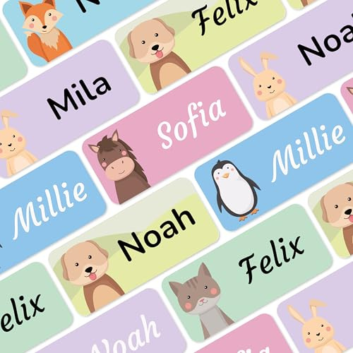 melu kids® Namensaufkleber für Kinder - Wasserfest (60 Stk, Tiere) | Personalisierte Textiletiketten Selbstklebend für Kita & Schule, Namensschilder für Kleidung & Gegenstände