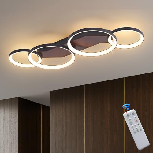 LED Deckenleuchte Holz Dimmbar Wohnzimmerlampe mit Fernbedienung, 45W 80cm 4 Ring schwarz Walnuss Schlafzimmerlampe, Farbtemperatur 3000-6000K, Helligkeit 10-100%, 4W Nachtlicht, Memory-Funktion