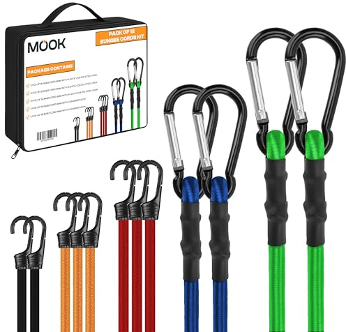 MOOK Heavy Duty Bungee Cords with Hooks, 12-Pcs Bungee Cord Set - Multi-Length UV Resistant Double Braided Bungees for Traveling, Camping, & Storage – Versatile Use – Durable & Weather-Resistant