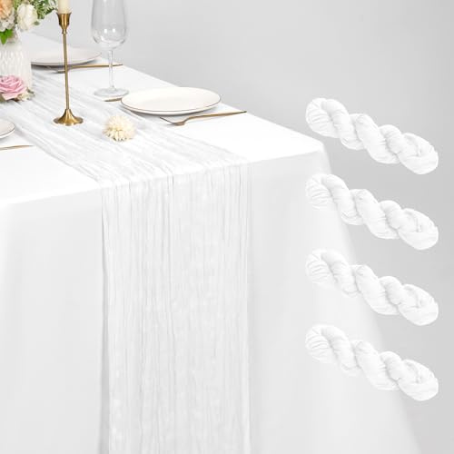 Pesonlook 4 Stück Weiß Käsetuch Tischläufer 55 x 300 cm, 3 m lang | Rustikaler Gaze Stoff Tischläufer Hochzeitstuch Boho-Stil halbtransparent Tischläufer für Hochzeiten, Bankett, Party