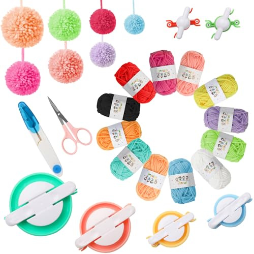 Lekeeu Pom Pom Maker Set 20Pack 6 Sizes of Pompom Makers Tool with 12 Colours Yarn Sewing Scissors Sweater Ball Knitting Craft Kit Easy DIY Fluff Balls for Adults Kids Beginner Handmade Toy