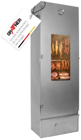 Grafner XXL Räucherofen mit 6 Etagen, Sichtfenster und Thermometer, legierter Stahl, 12x Haken, Räucherschrank zum Heißräuchern und Kalträuchern, Smoker für Fisch Fleisch Käse Gemüse